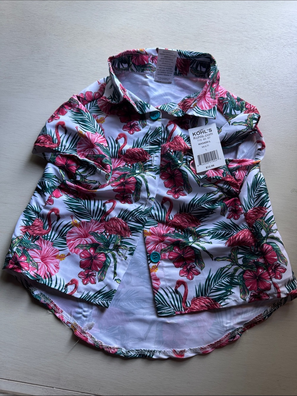 Dog Button-Up Shirt with Pink Flamingo & Green Tropical Print